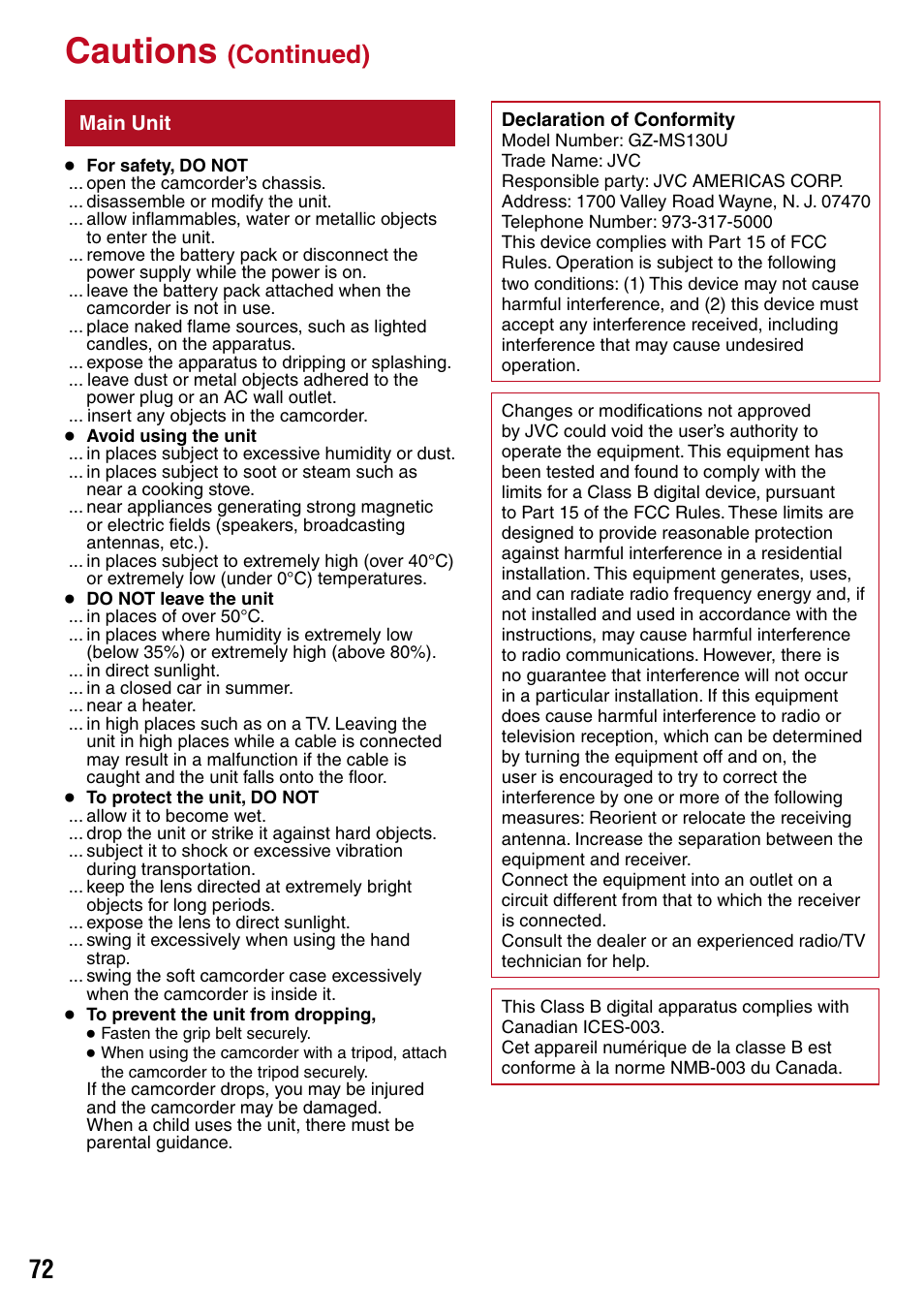 Main unit, Cautions, Continued) | JVC 1208YDR-YG-MD User Manual | Page 72 / 74