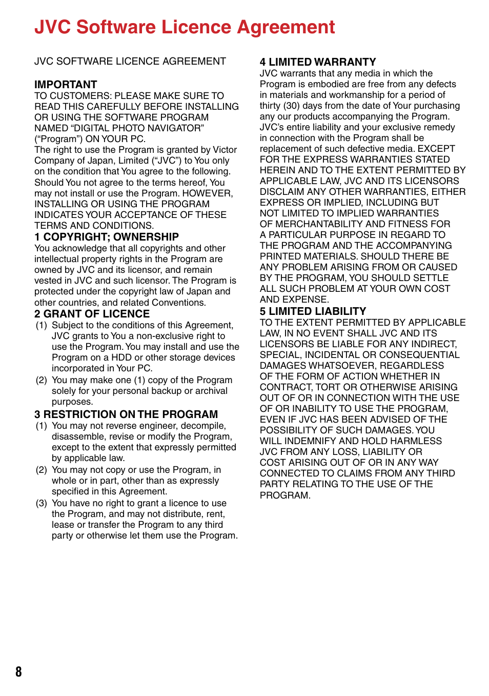 Jvc software license agreement, Jvc software licence agreement | JVC 1208YDR-YG-MD User Manual | Page 8 / 74