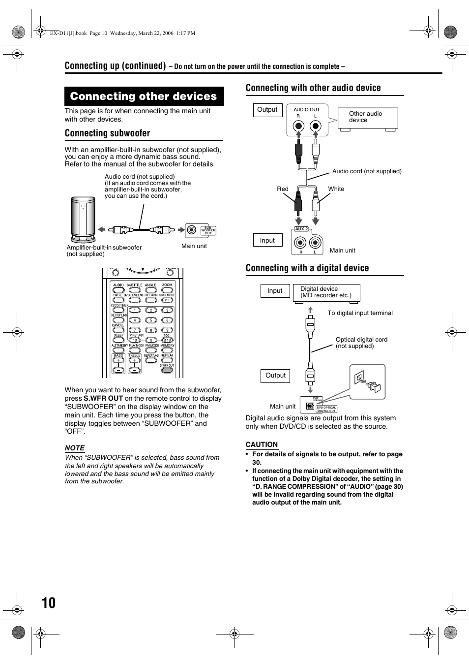 Connecting other devices, Connecting subwoofer, Connecting up (continued) | JVC EX-D11 User Manual | Page 12 / 86