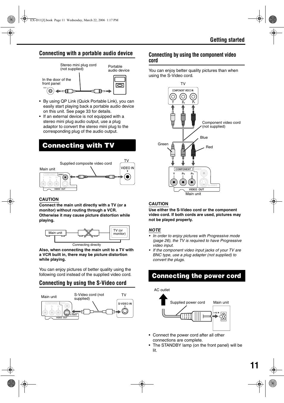 Connecting with tv, Connecting the power cord, Connecting with a portable audio device | Getting started | JVC EX-D11 User Manual | Page 13 / 86