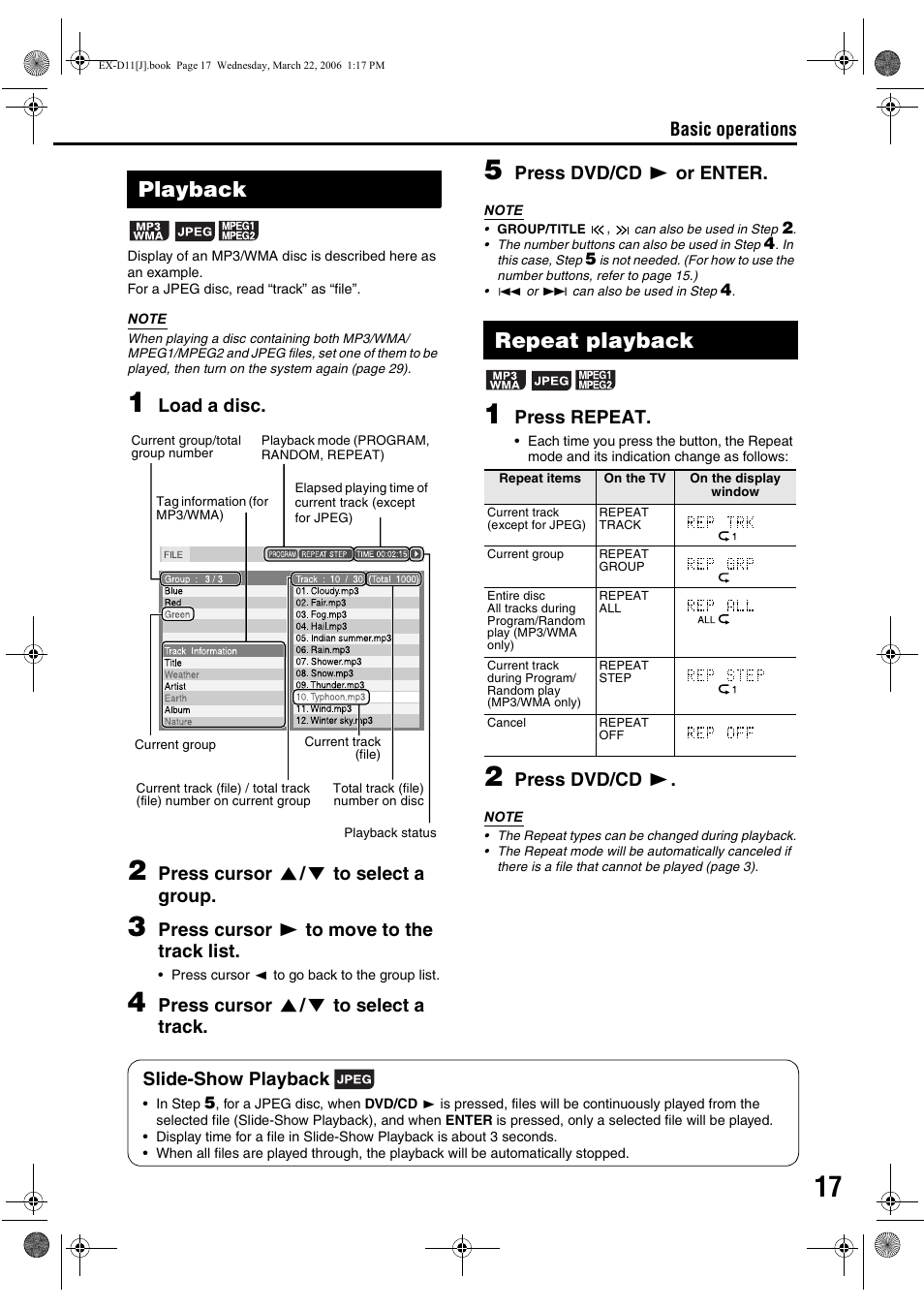 Playback, Repeat playback | JVC EX-D11 User Manual | Page 19 / 86