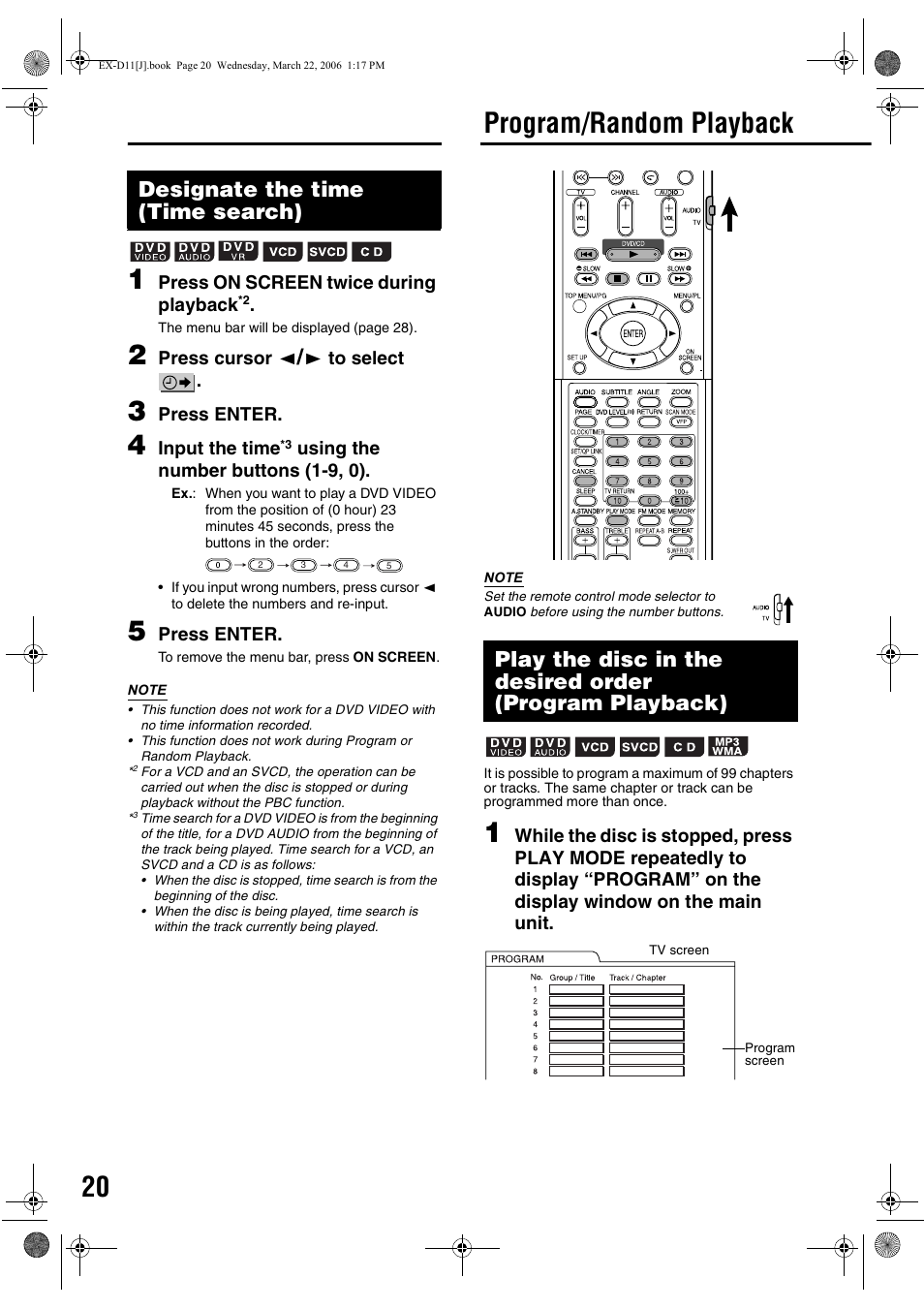 Designate the time (time search), Program/random playback | JVC EX-D11 User Manual | Page 22 / 86