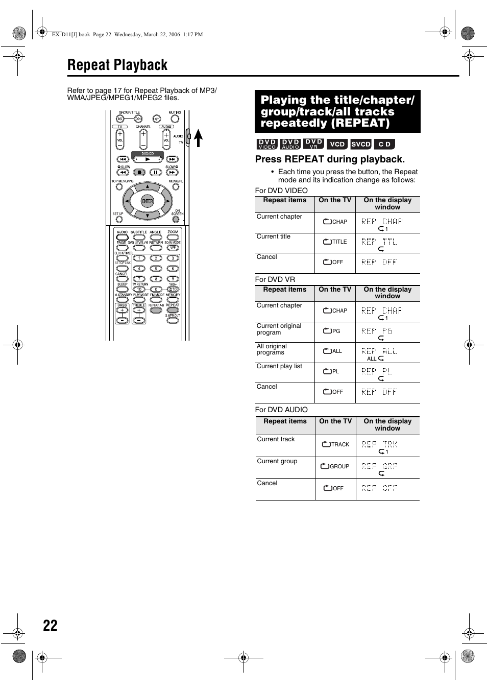 Repeat playback, Press repeat during playback | JVC EX-D11 User Manual | Page 24 / 86