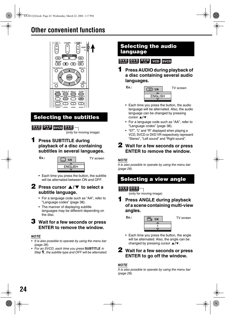 Other convenient functions, Selecting the subtitles, Selecting the audio language | Selecting a view angle | JVC EX-D11 User Manual | Page 26 / 86