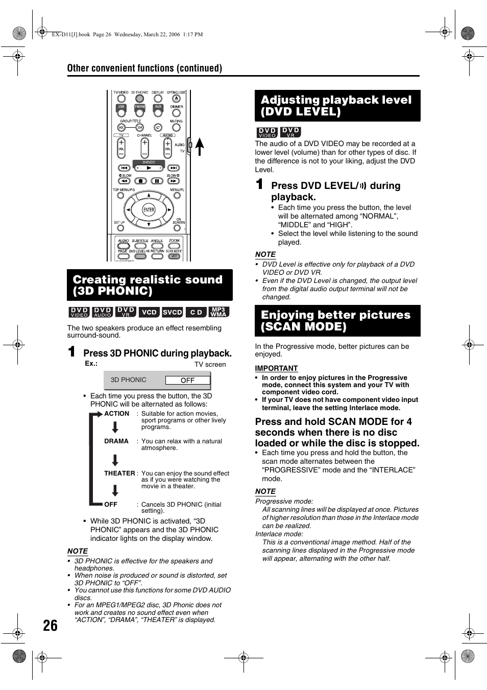 Creating realistic sound (3d phonic), Adjusting playback level (dvd level), Enjoying better pictures (scan mode) | Other convenient functions (continued), Press 3d phonic during playback, Press dvd level/ during playback | JVC EX-D11 User Manual | Page 28 / 86