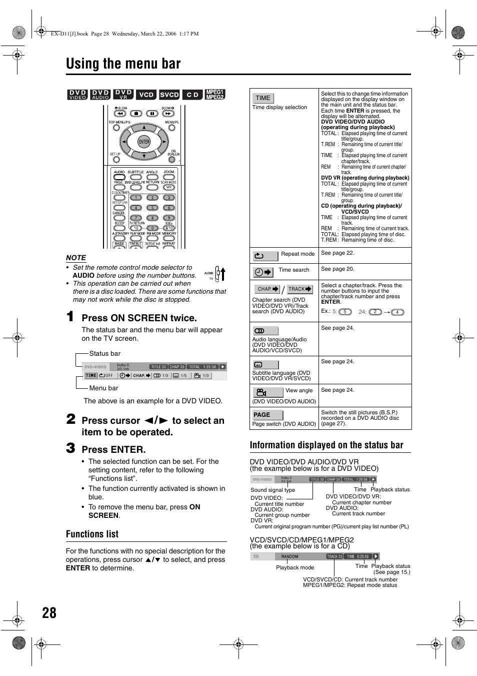 Using the menu bar, Press on screen twice, Press cursor | Press enter, Functions list, Information displayed on the status bar | JVC EX-D11 User Manual | Page 30 / 86