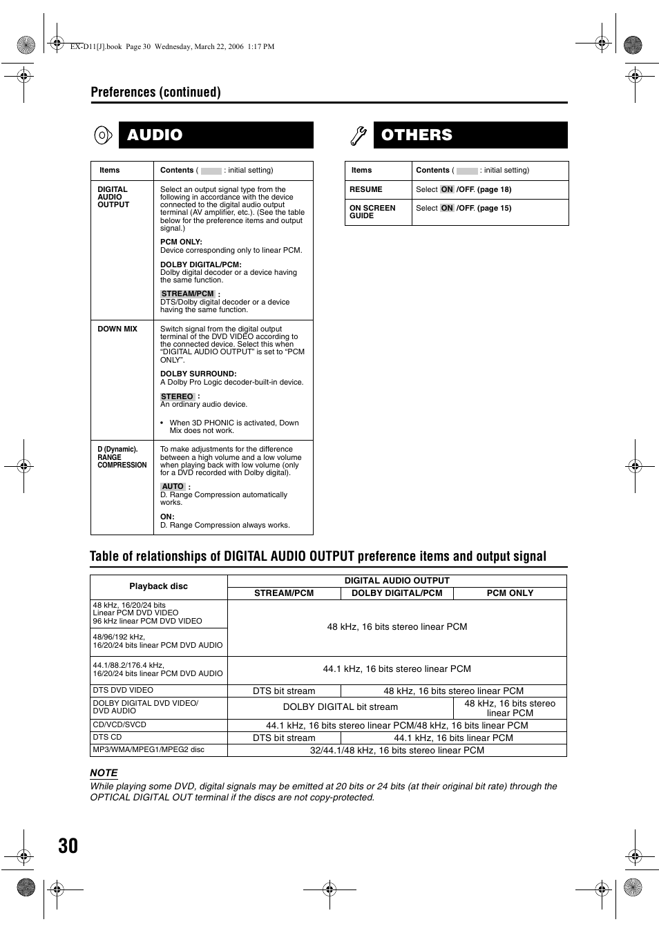 Audio, Others, Preferences (continued) | JVC EX-D11 User Manual | Page 32 / 86