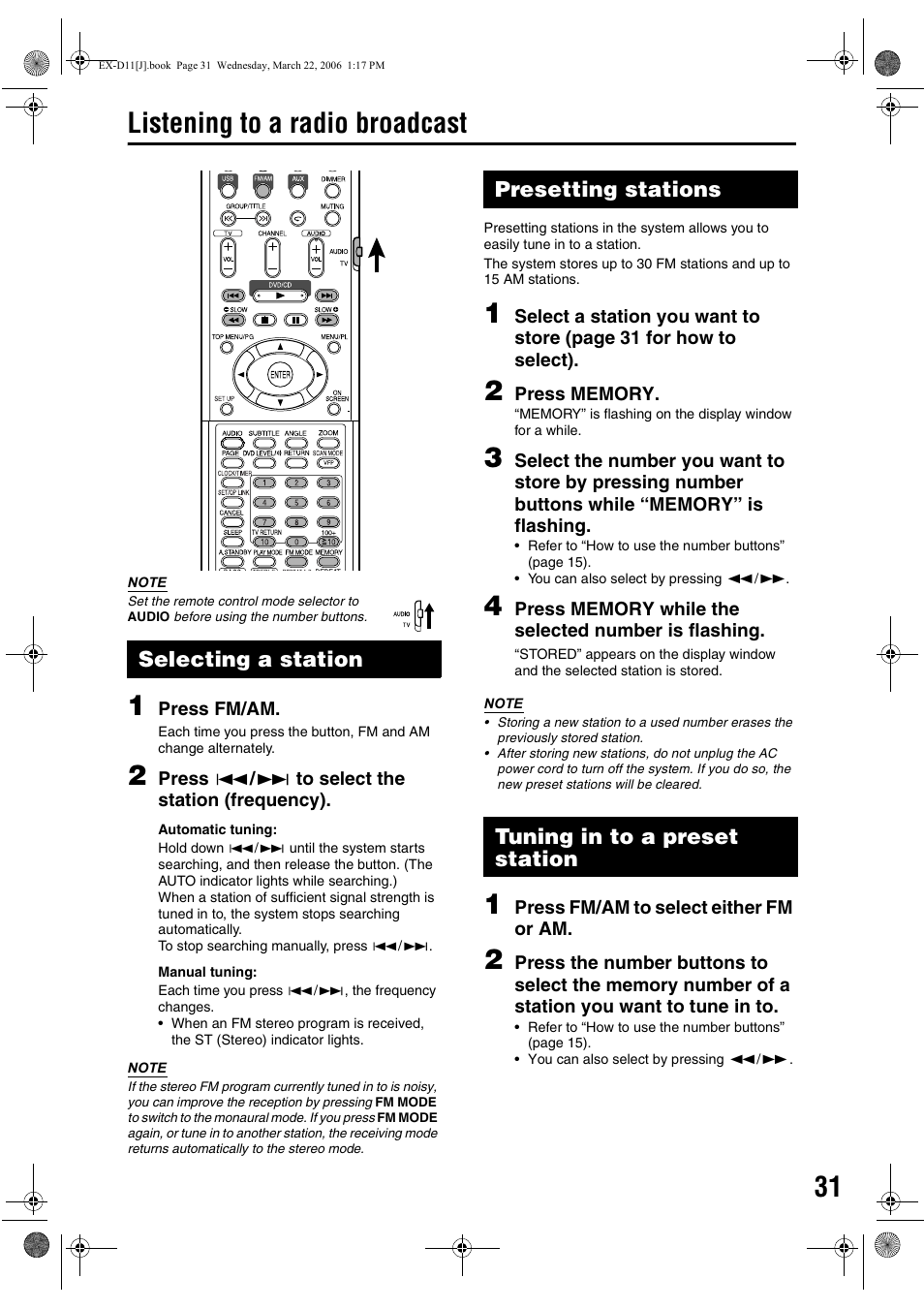 Listening to a radio broadcast, Selecting a station, Presetting stations | Tuning in to a preset station | JVC EX-D11 User Manual | Page 33 / 86