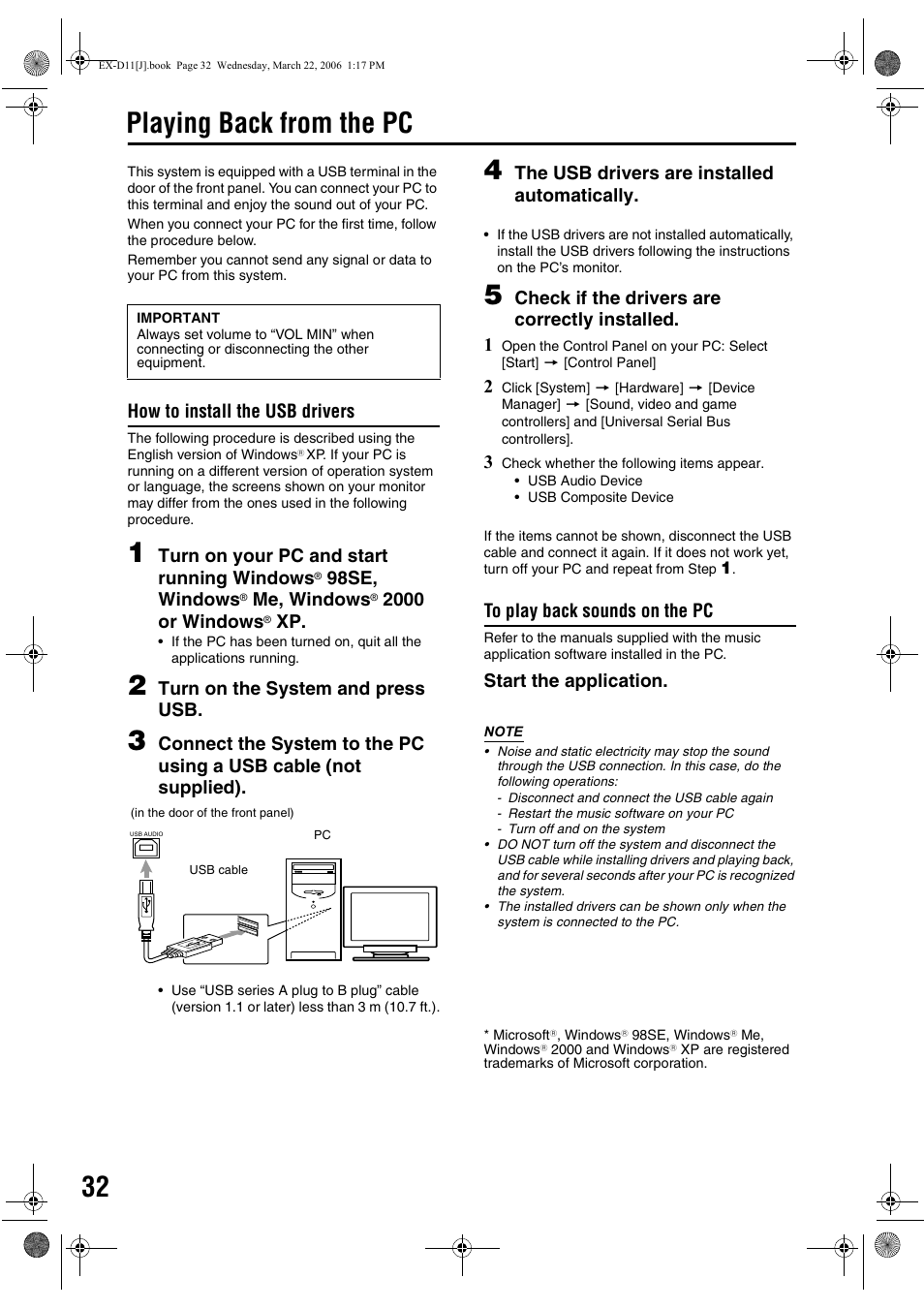 Playing back from the pc, How to install the usb drivers, Turn on your pc and start running windows | 98se, windows, Me, windows, 2000 or windows, Turn on the system and press usb, The usb drivers are installed automatically, Check if the drivers are correctly installed. 1, Start the application | JVC EX-D11 User Manual | Page 34 / 86