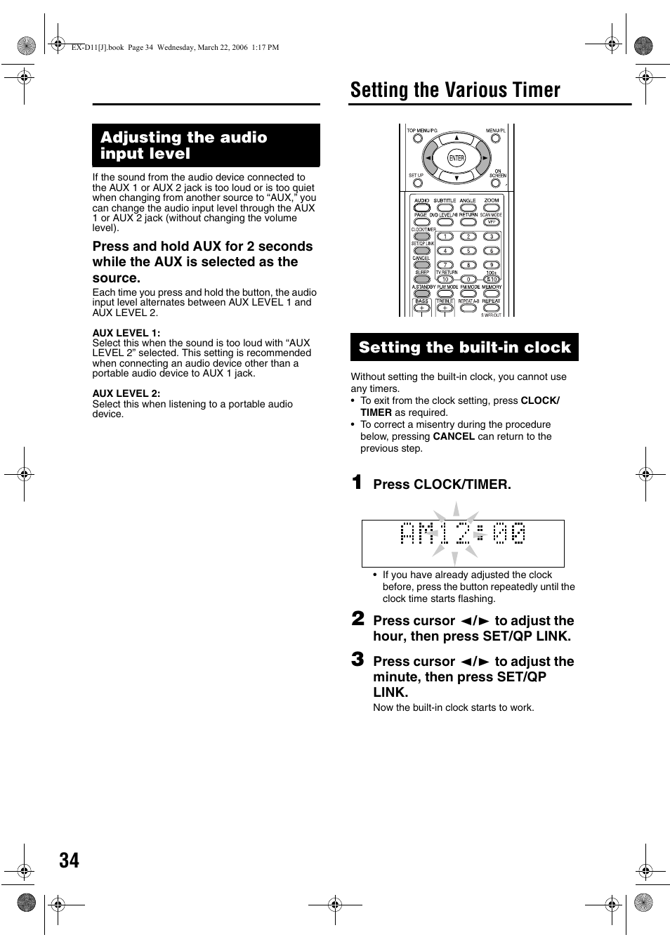 Adjusting the audio input level, Setting the various timer, Setting the built-in clock | JVC EX-D11 User Manual | Page 36 / 86
