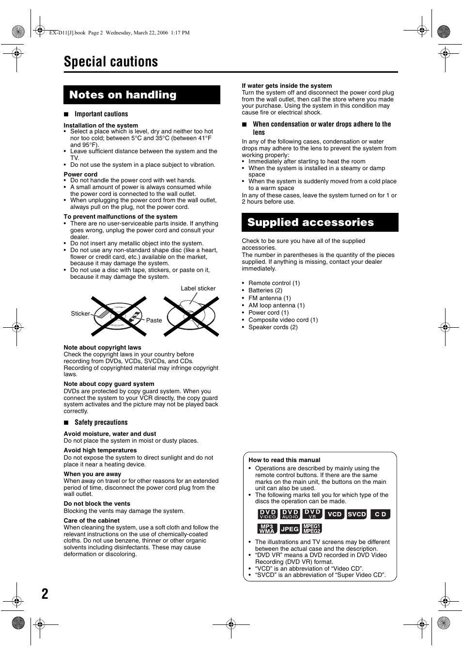 Special cautions, Notes on handling, Supplied accessories | JVC EX-D11 User Manual | Page 4 / 86