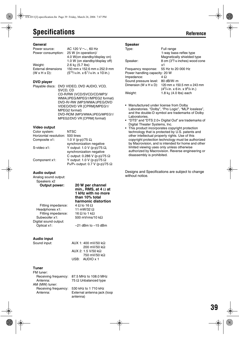 Specifications, Reference | JVC EX-D11 User Manual | Page 41 / 86