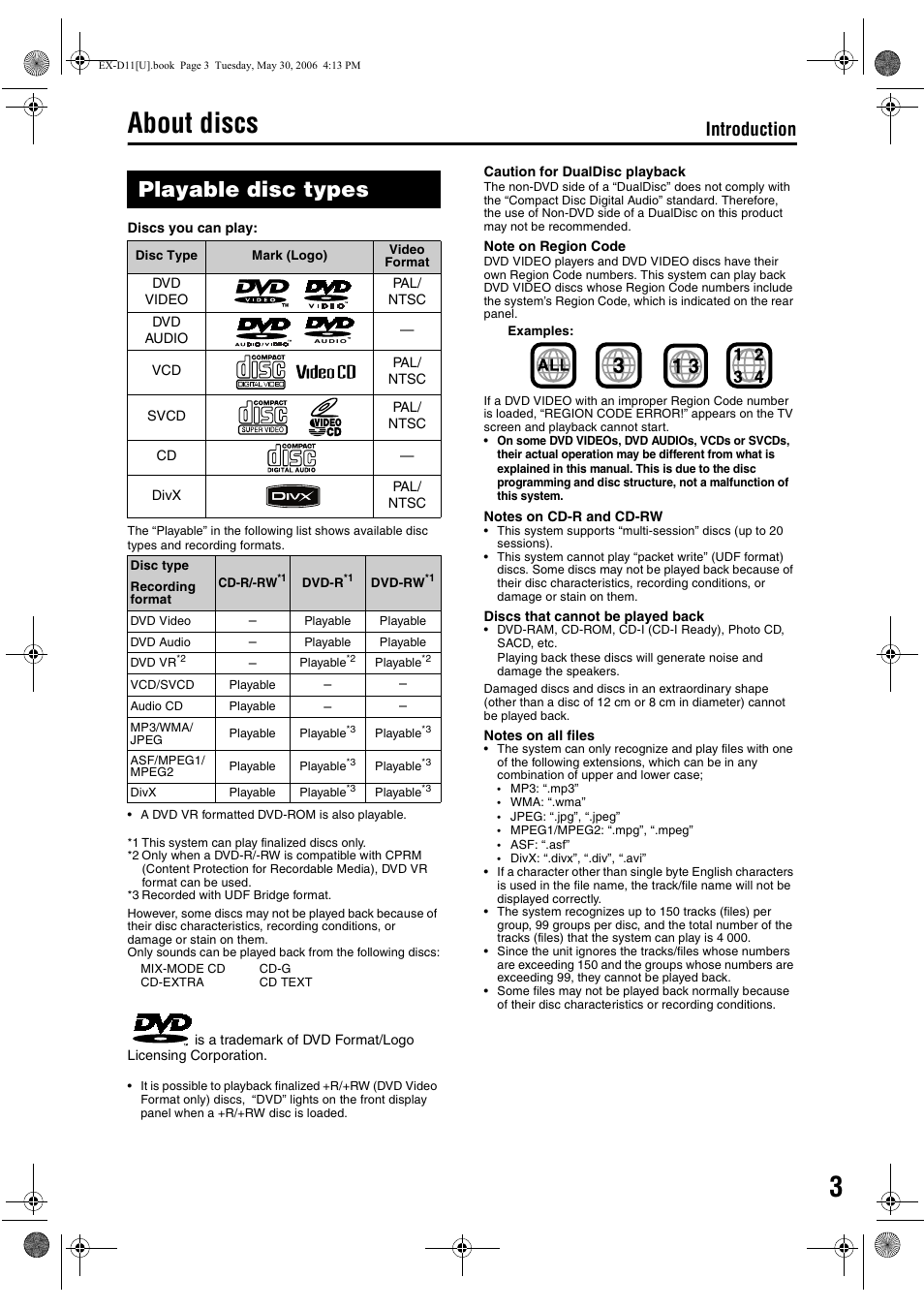 About discs, Playable disc types, 3about discs | Introduction | JVC EX-D11 User Manual | Page 49 / 86