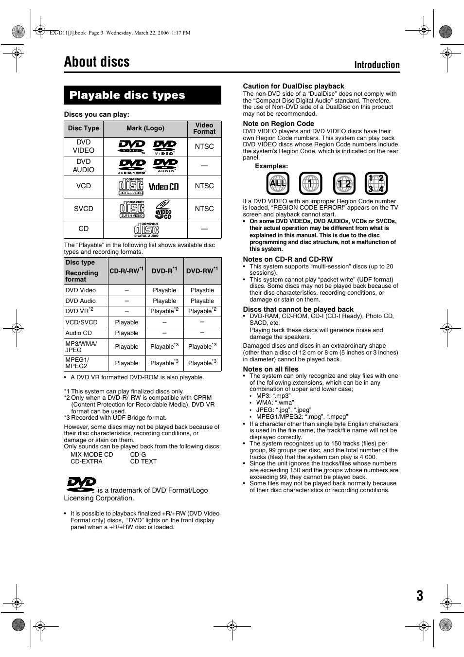 About discs, Playable disc types, 3about discs | Introduction | JVC EX-D11 User Manual | Page 5 / 86