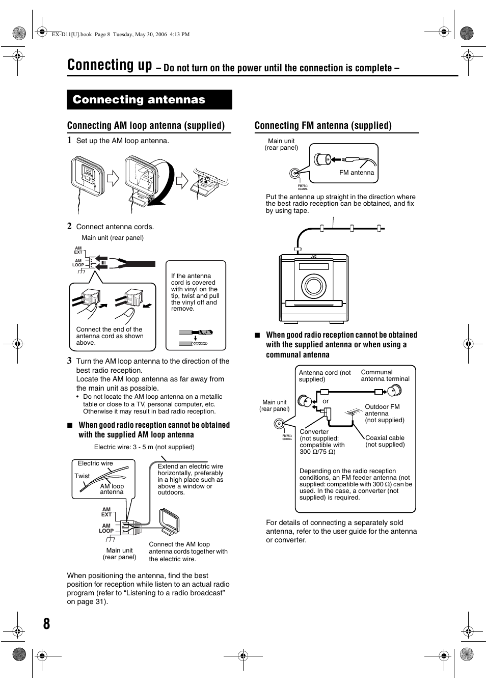 Connecting up, Connecting antennas, Connecting am loop antenna (supplied) 1 | Connecting fm antenna (supplied) | JVC EX-D11 User Manual | Page 54 / 86