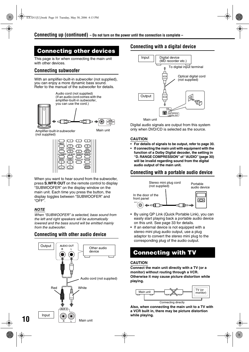 Connecting other devices, Connecting with tv, Connecting subwoofer | Connecting with a portable audio device, Connecting up (continued) | JVC EX-D11 User Manual | Page 56 / 86
