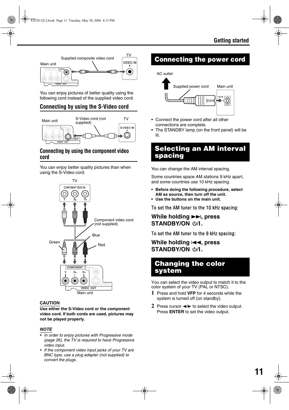 Connecting the power cord, Selecting an am interval spacing, Changing the color system | While holding ¢ , press standby/on, While holding 4 , press standby/on, Getting started | JVC EX-D11 User Manual | Page 57 / 86