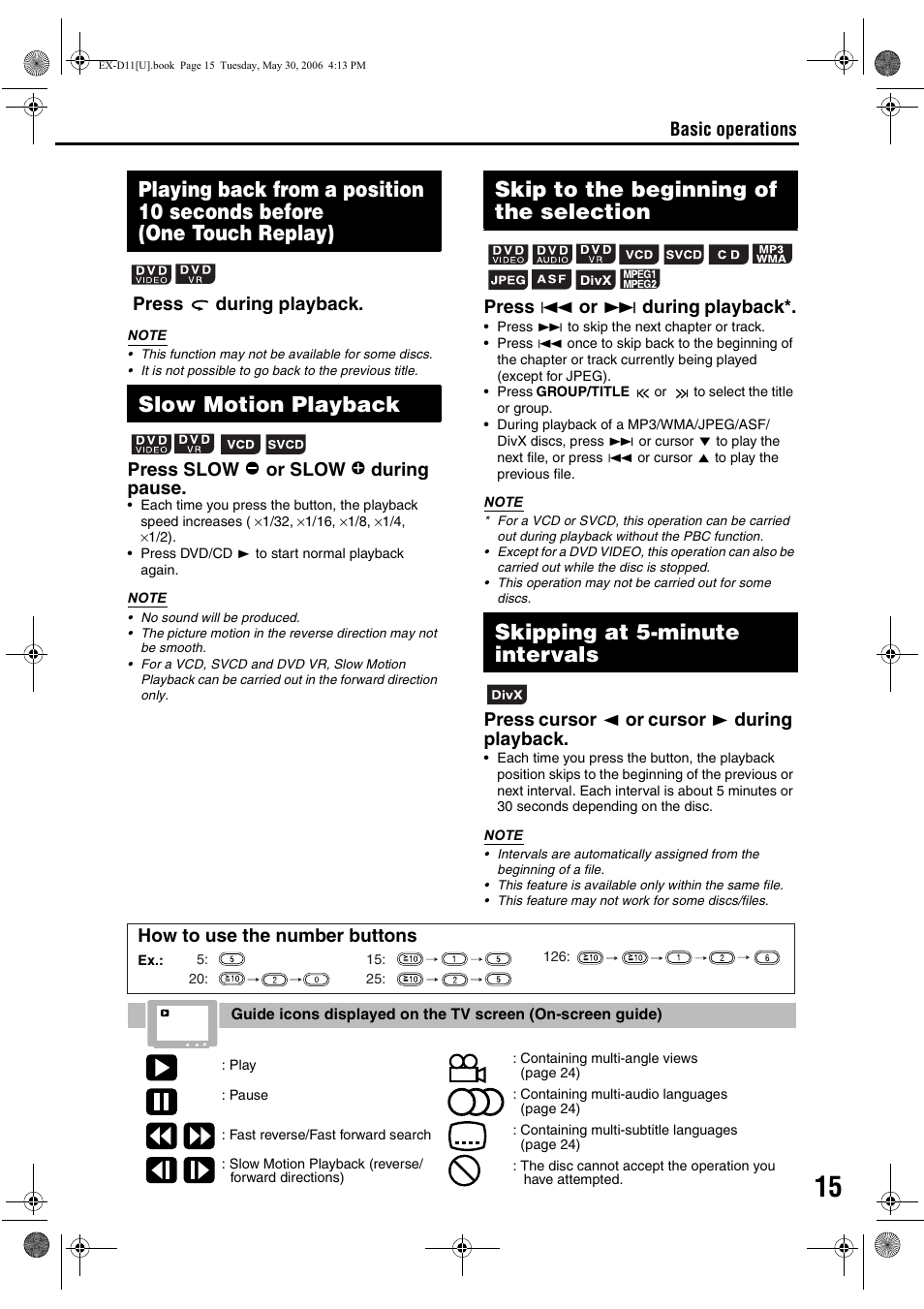 Slow motion playback, Skip to the beginning of the selection, Skipping at 5-minute intervals | Basic operations press during playback, Press slow or slow during pause, Press 4 or x during playback, Press cursor 2 or cursor 3 during playback, How to use the number buttons | JVC EX-D11 User Manual | Page 61 / 86
