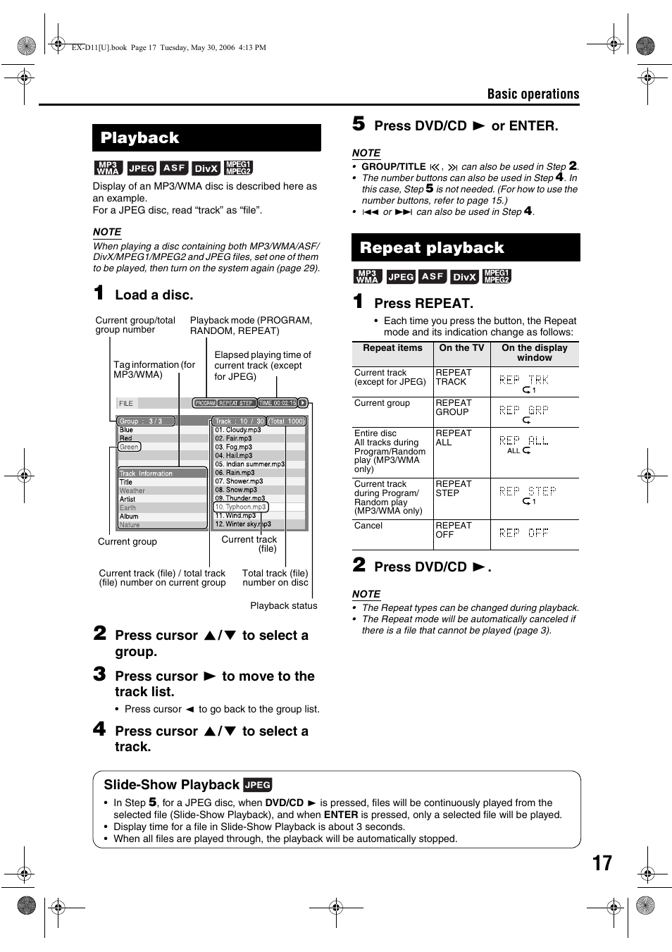 Playback, Repeat playback | JVC EX-D11 User Manual | Page 63 / 86