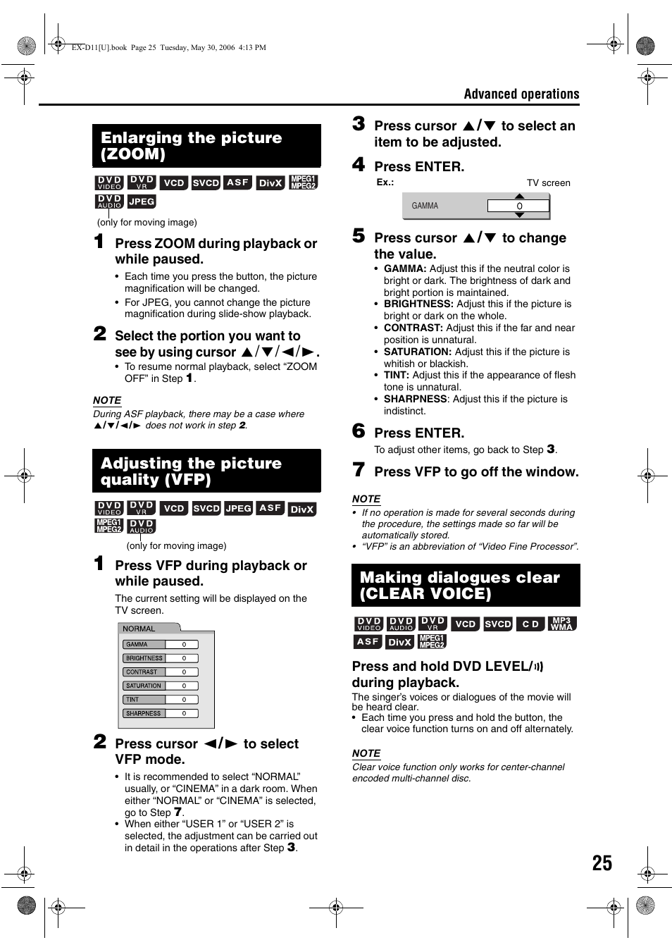 Enlarging the picture (zoom), Adjusting the picture quality (vfp), Making dialogues clear (clear voice) | 5/k/2/3, 5 / k | JVC EX-D11 User Manual | Page 71 / 86