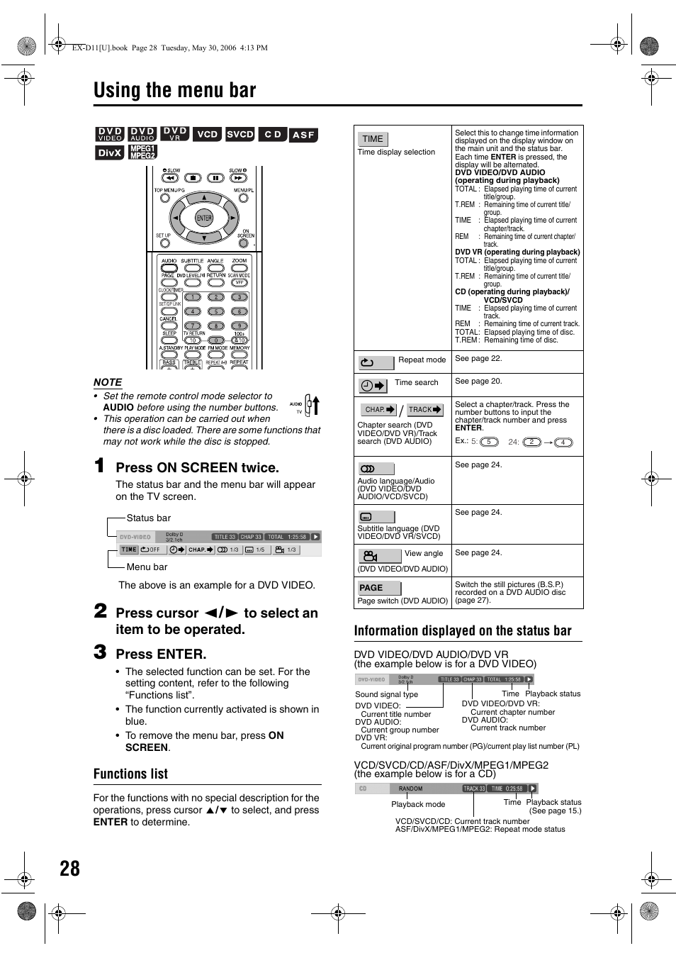 Using the menu bar, Press on screen twice, Press cursor | Press enter, Functions list, Information displayed on the status bar | JVC EX-D11 User Manual | Page 74 / 86