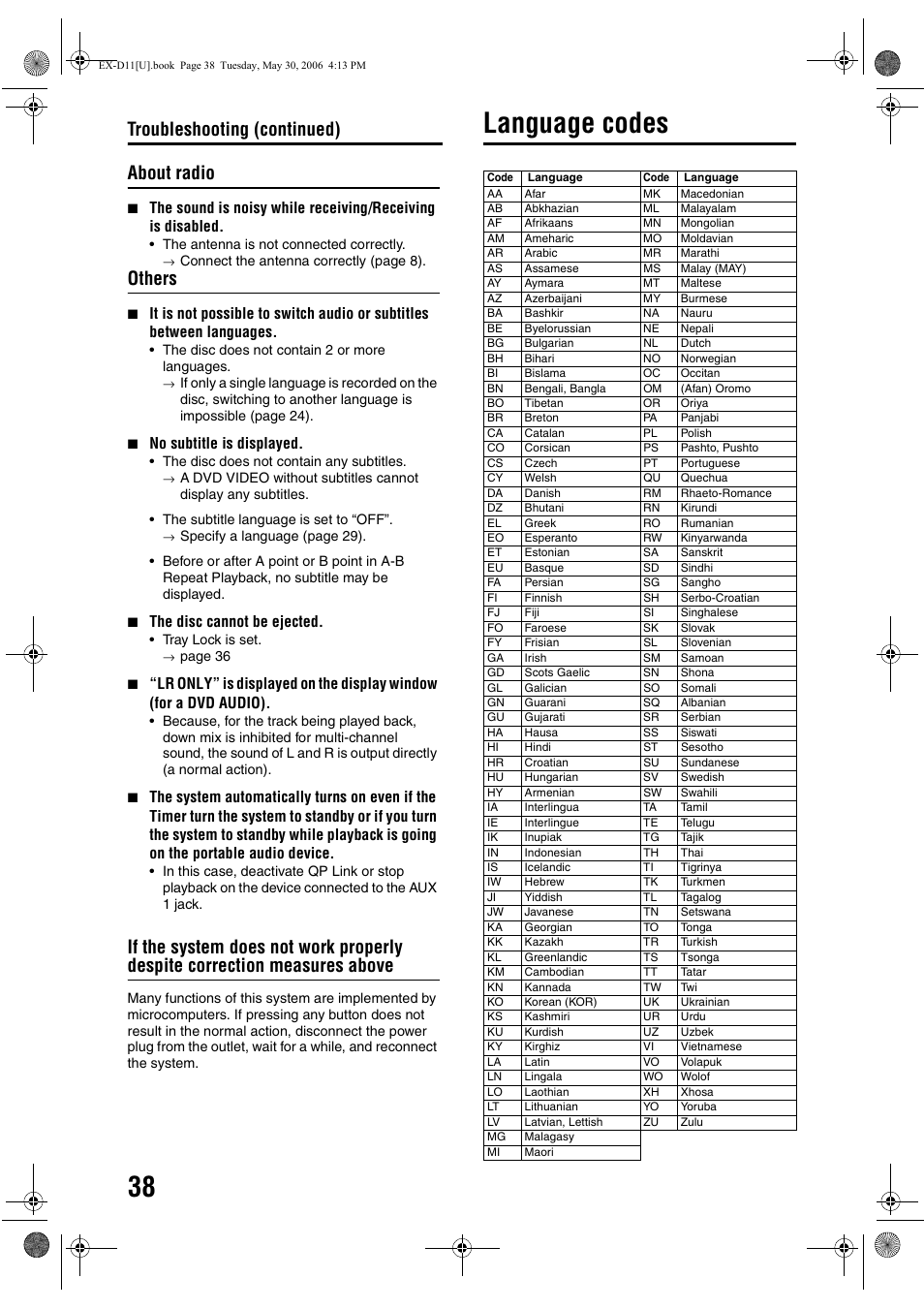 Language codes, About radio, Others | Troubleshooting (continued) | JVC EX-D11 User Manual | Page 84 / 86