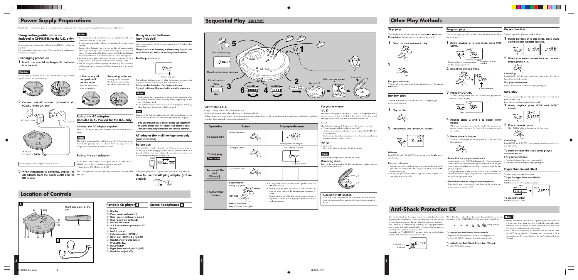 Power supply preparations, Location of controls, Sequential play | Other play methods, Anti-shock protection ex, Op en, Anti-shock protection ex other play methods | JVC XL-PG39SL User Manual | Page 2 / 4