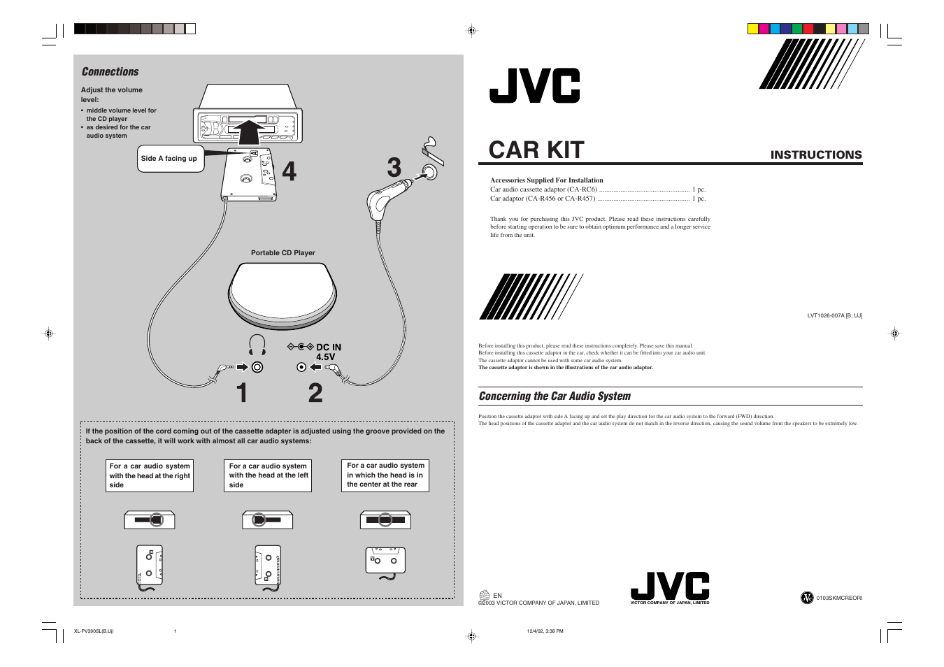Car kit, Concerning the car audio system, Connections | Instructions connections | JVC XL-PG39SL User Manual | Page 3 / 4