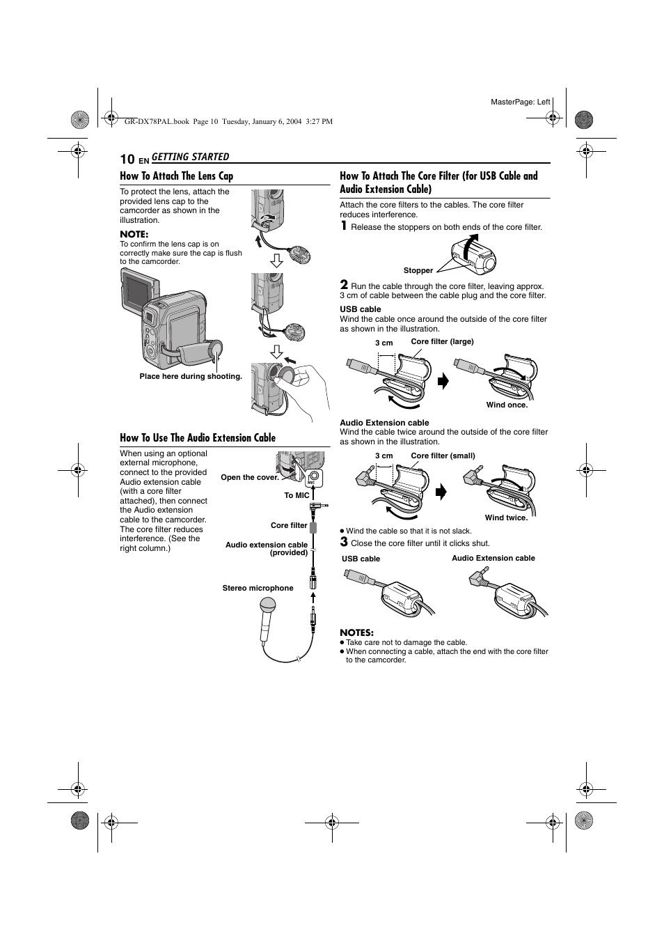 How to attach the lens cap, How to use the audio extension cable, Pg. 10 f | P (੬ pg. 10 f | JVC Digital Video Camera GR-DX78 User Manual | Page 10 / 52