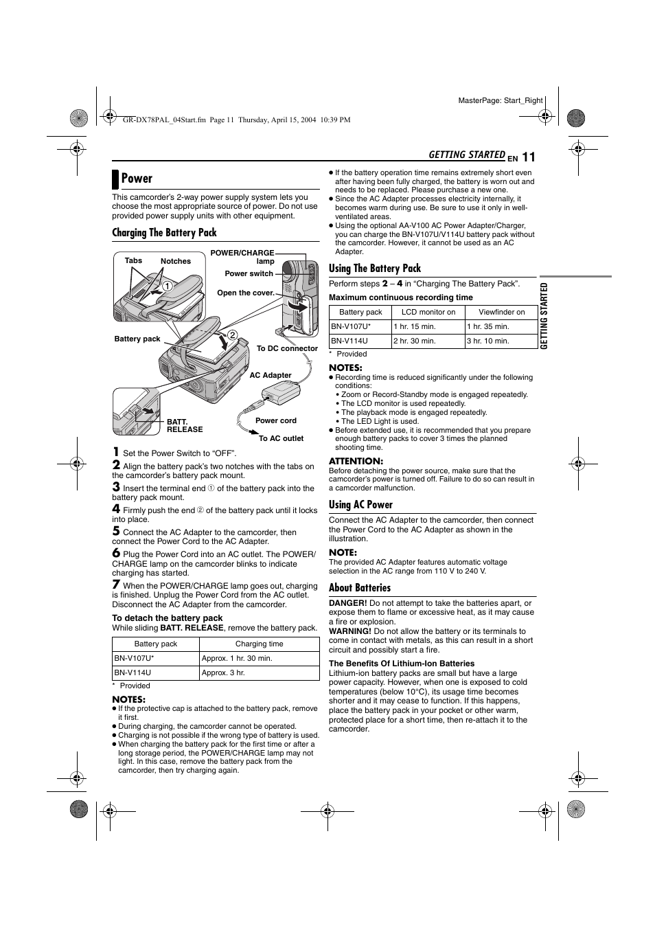 Power, Charging the battery pack, Using the battery pack | Using ac power, About batteries, Pg. 11), Mp (੬ pg. 11, 15 | JVC Digital Video Camera GR-DX78 User Manual | Page 11 / 52