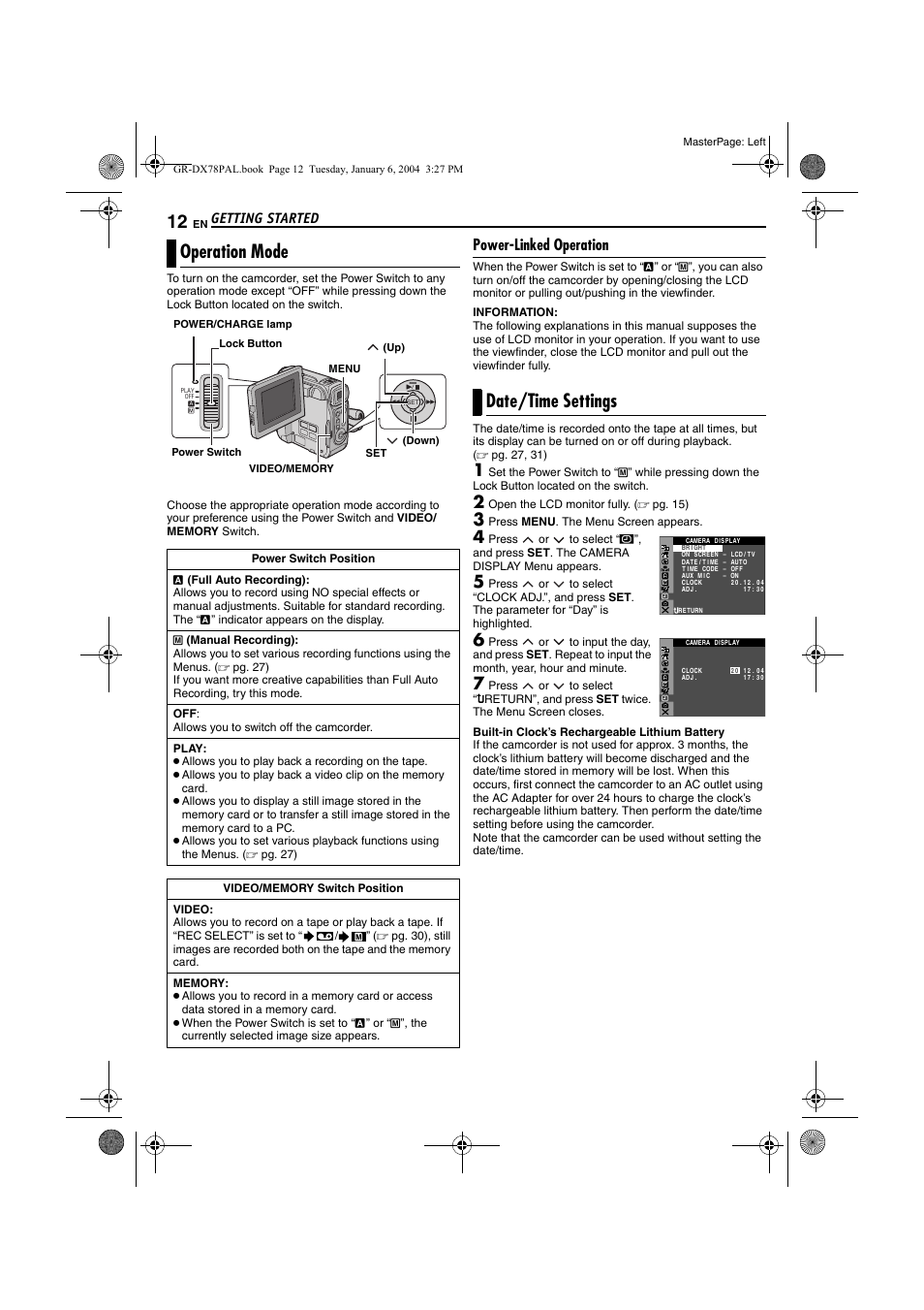 Operation mode, Power-linked operation, Date/time settings | Operation mode date/time settings, Pg. 12), Getting started, Open the lcd monitor fully. ( ੬ pg. 15), Press menu . the menu screen appears | JVC Digital Video Camera GR-DX78 User Manual | Page 12 / 52