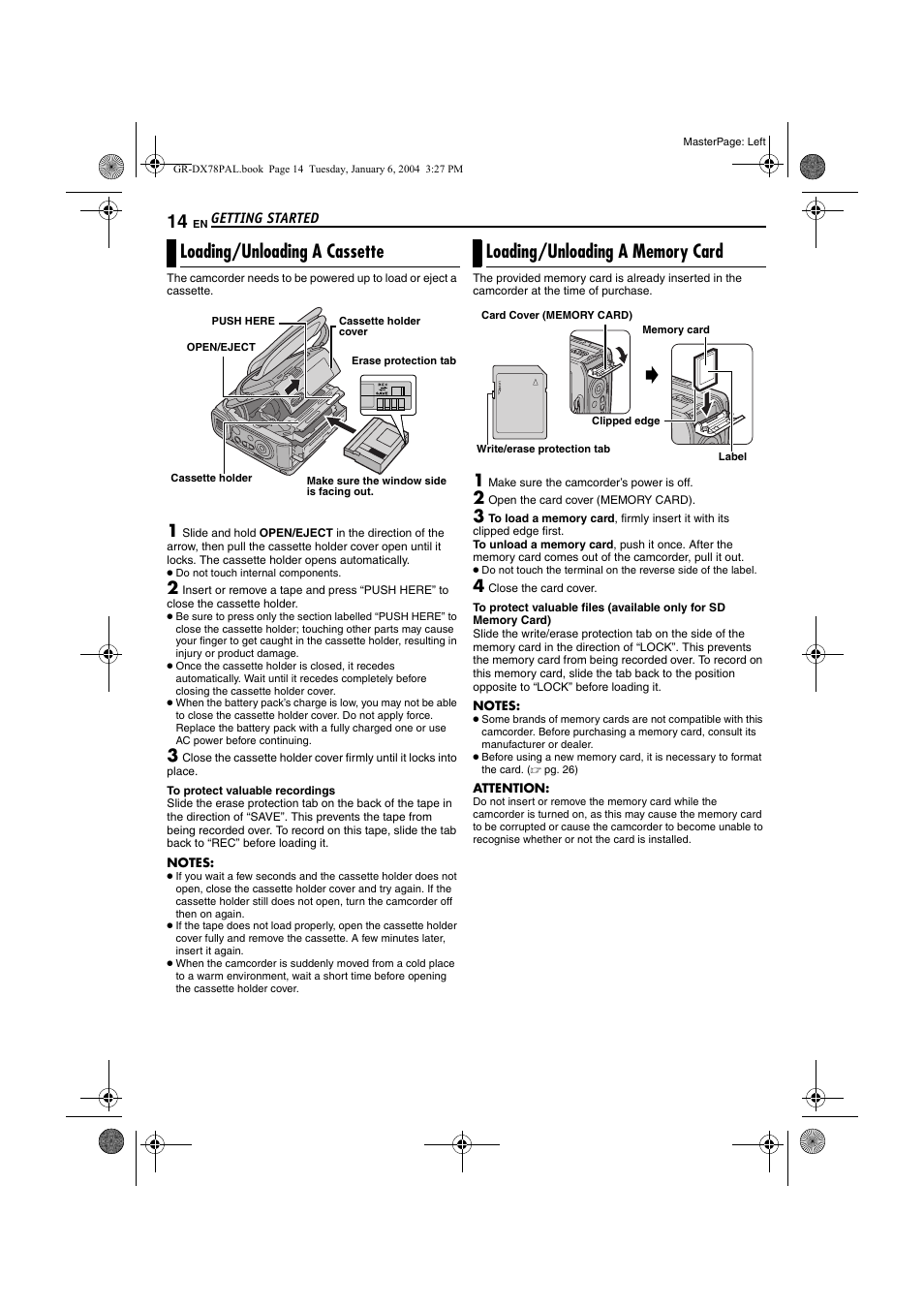 Loading/unloading a cassette, Loading/unloading a memory card, Pg. 14) | JVC Digital Video Camera GR-DX78 User Manual | Page 14 / 52