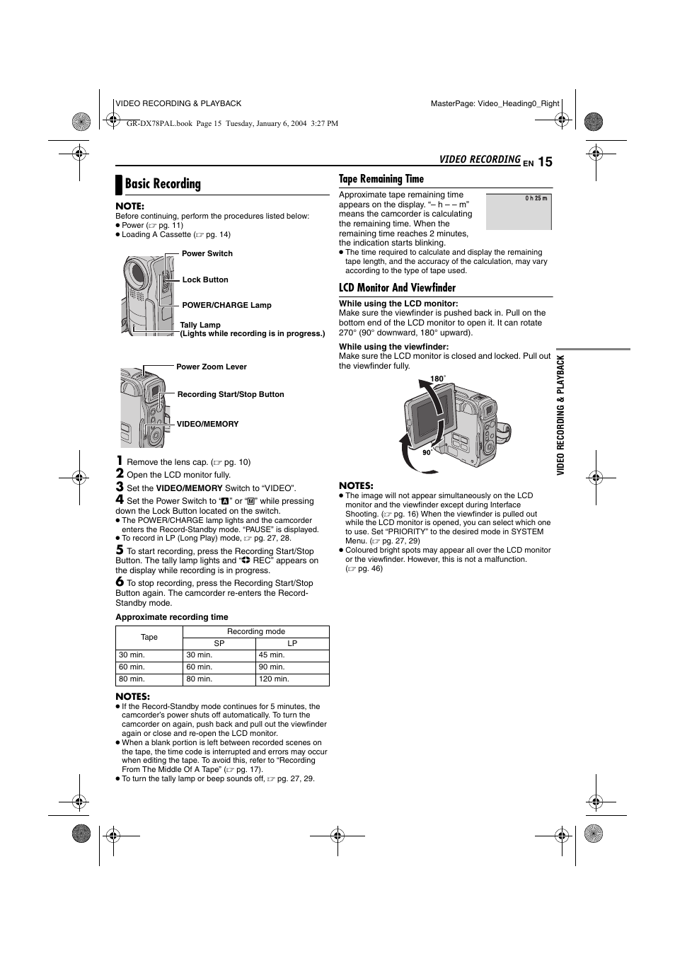 Video recording, Basic recording, Tape remaining time | Lcd monitor and viewfinder, Video recording & playback, Tape remaining time lcd monitor and viewfinder, N (੬ pg. 15), Pg. 15, Pg. 15, 16), R (੬ pg. 15) | JVC Digital Video Camera GR-DX78 User Manual | Page 15 / 52