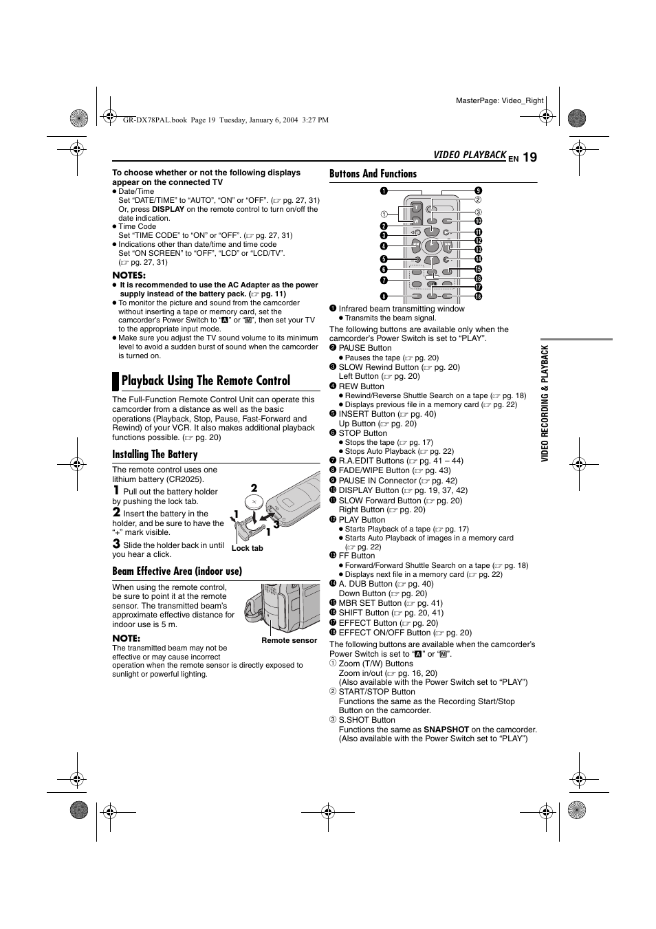 Playback using the remote control, Installing the battery, Beam effective area (indoor use) | Buttons and functions, Pg. 19) | JVC Digital Video Camera GR-DX78 User Manual | Page 19 / 52