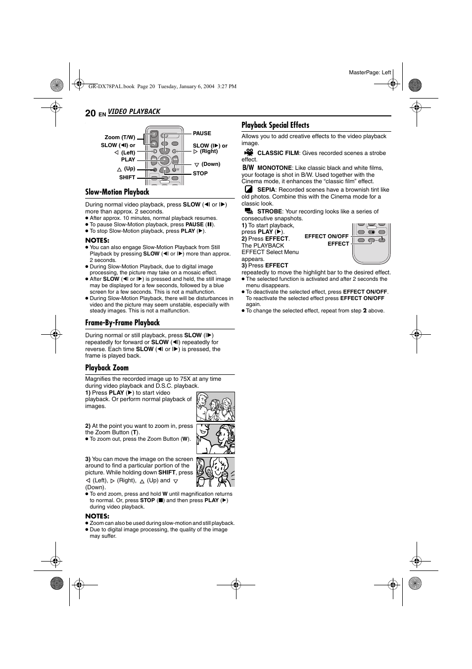 Slow-motion playback, Frame-by-frame playback, Playback zoom | Playback special effects, Pg. 20), Pe (੬ pg. 20), N (੬ pg. 20), Pg. 20, 41 | JVC Digital Video Camera GR-DX78 User Manual | Page 20 / 52