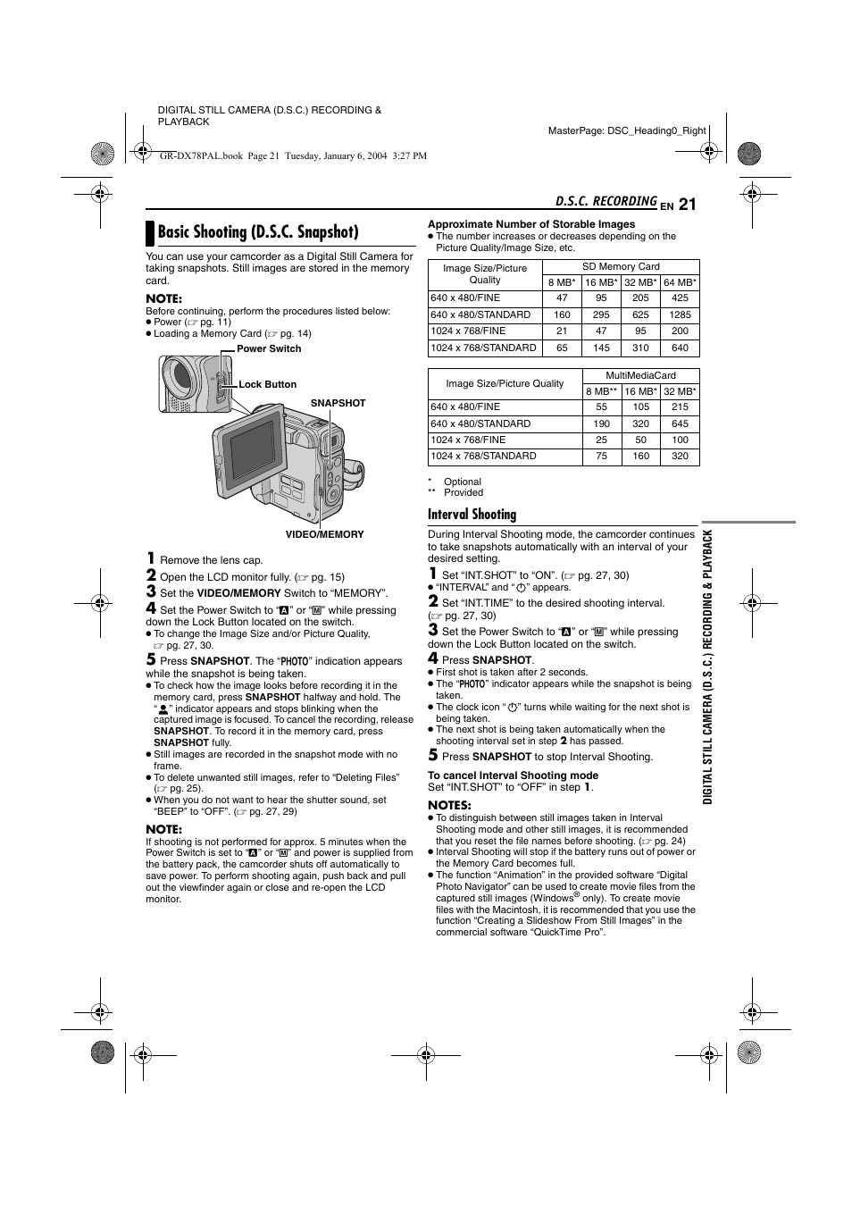 D.s.c. recording, Basic shooting (d.s.c. snapshot), Interval shooting | T] (੬ pg. 21, Pg. 21), Pg. 21 | JVC Digital Video Camera GR-DX78 User Manual | Page 21 / 52
