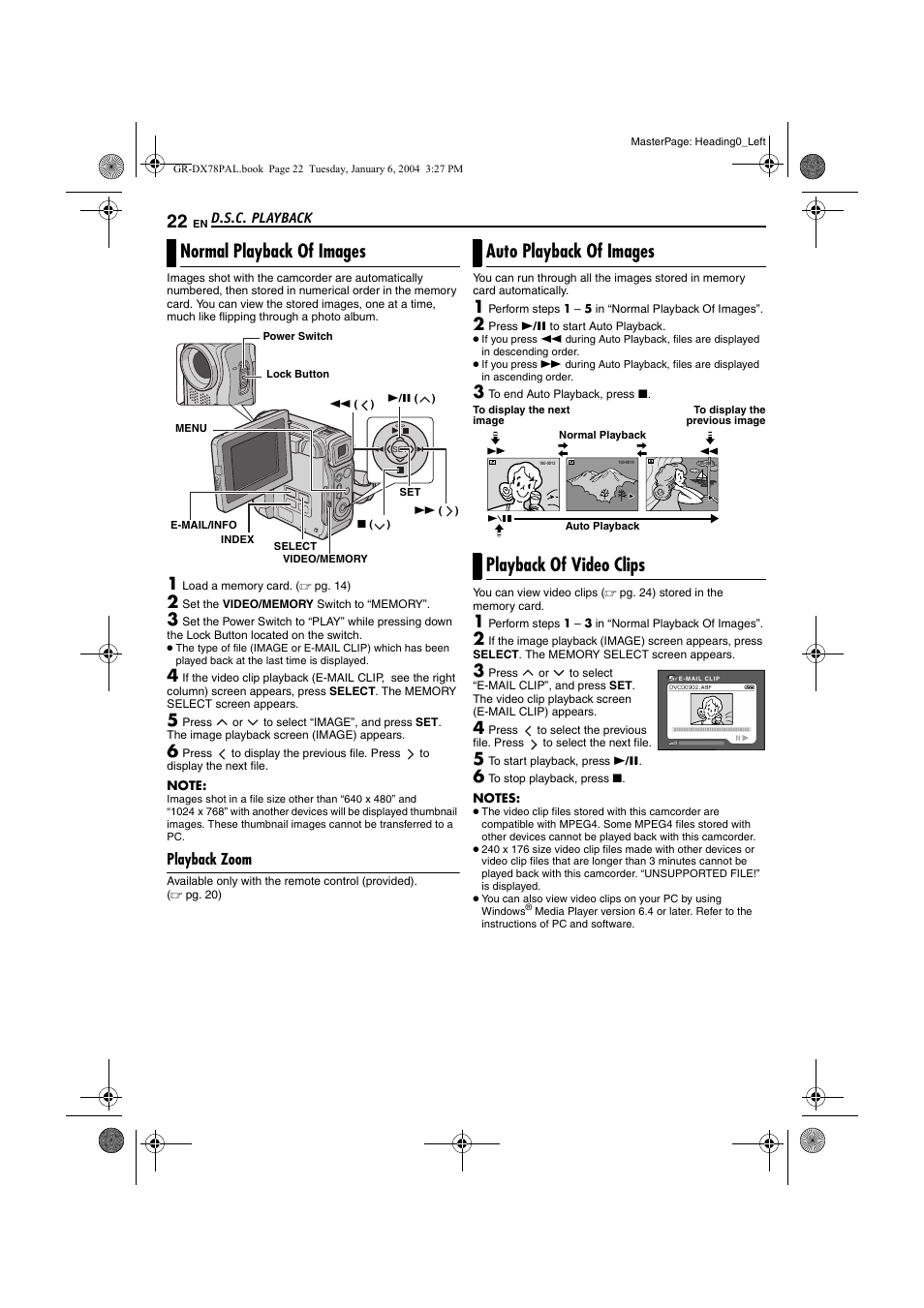 D.s.c. playback, Normal playback of images, Playback zoom | Auto playback of images, Playback of video clips, Pg. 22, Pg. 22) | JVC Digital Video Camera GR-DX78 User Manual | Page 22 / 52