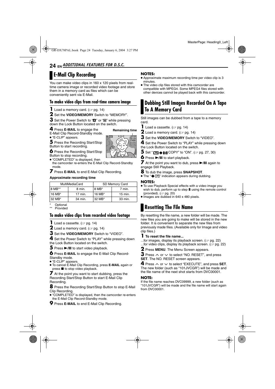 Additional features for d.s.c, E-mail clip recording, To make video clips from real-time camera image | To make video clips from recorded video footage, Resetting the file name, Pg. 24), Card | JVC Digital Video Camera GR-DX78 User Manual | Page 24 / 52