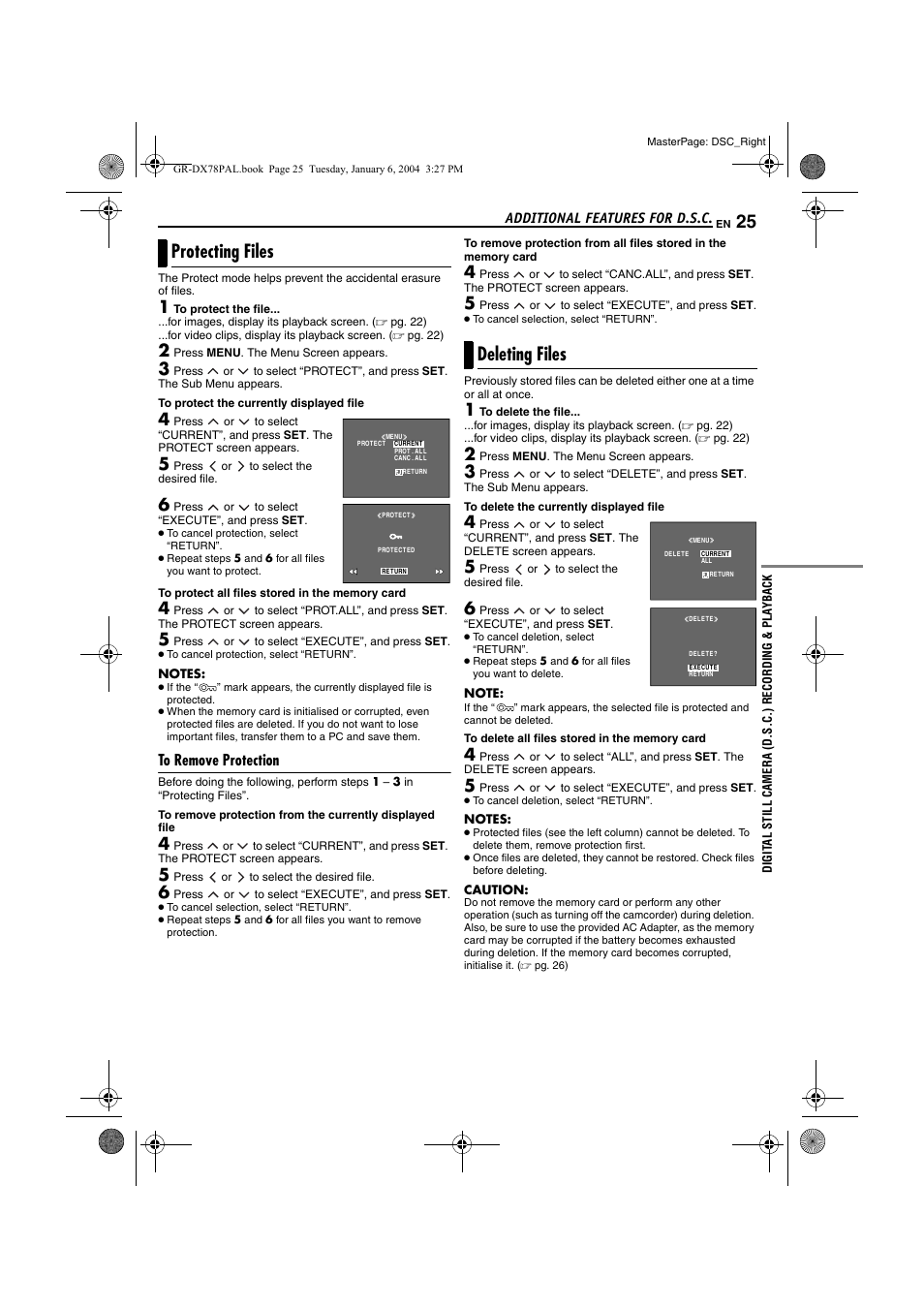 Protecting files, To remove protection, Deleting files | Protecting files deleting files, Pg. 25) | JVC Digital Video Camera GR-DX78 User Manual | Page 25 / 52