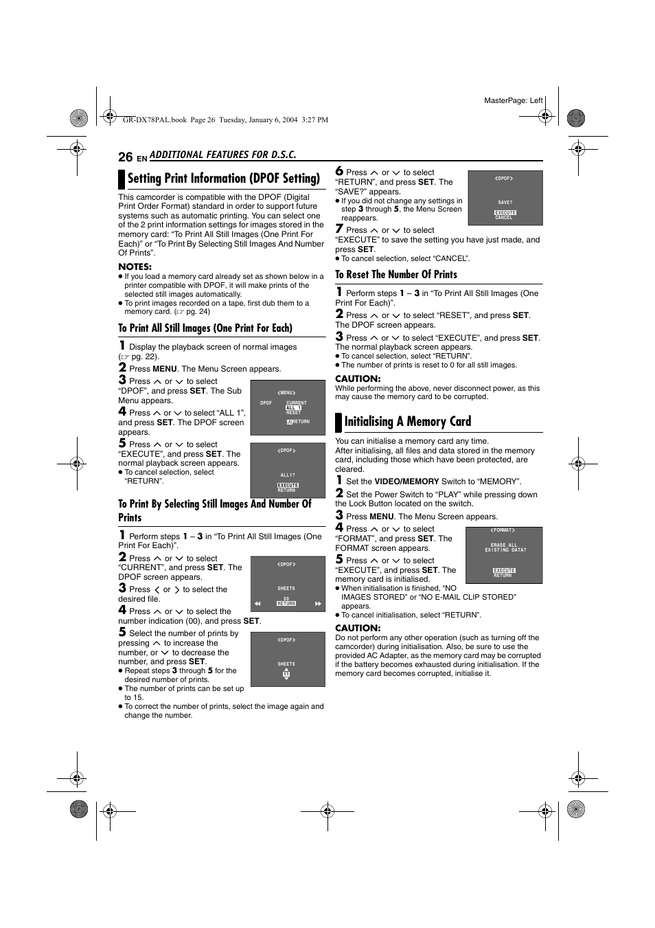 Setting print information (dpof setting), To print all still images (one print for each), To reset the number of prints | Initialising a memory card, Itialise it, Pg. 26), Additional features for d.s.c | JVC Digital Video Camera GR-DX78 User Manual | Page 26 / 52