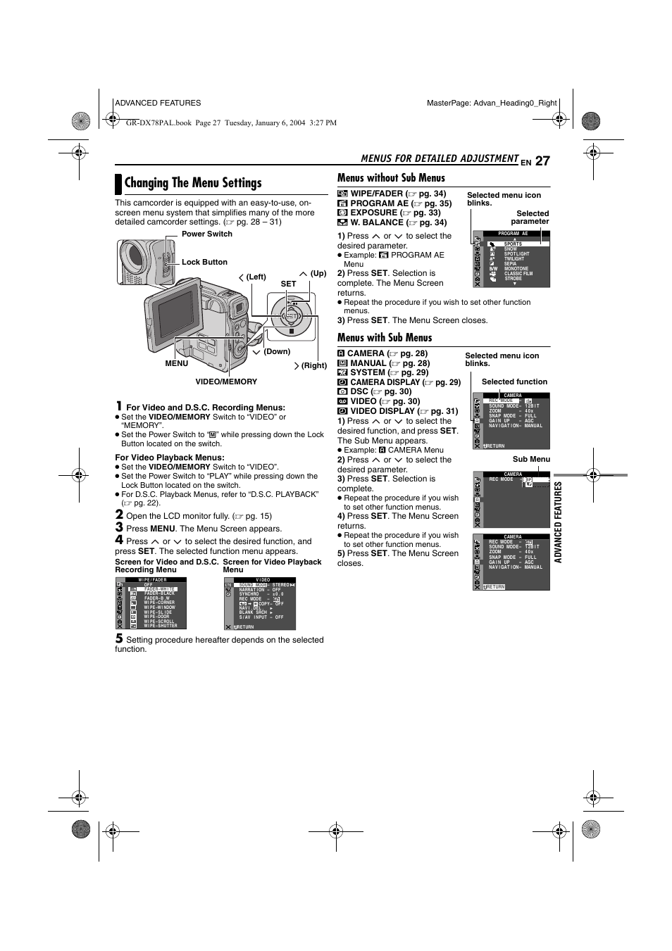 Menus for detailed adjustment, Changing the menu settings, Menus without sub menus | Menus with sub menus, Pg. 27, Advanced features, Pg. 27), Et] (੬ pg. 27), Pg. 27, 31, Pg. 27, 29) | JVC Digital Video Camera GR-DX78 User Manual | Page 27 / 52