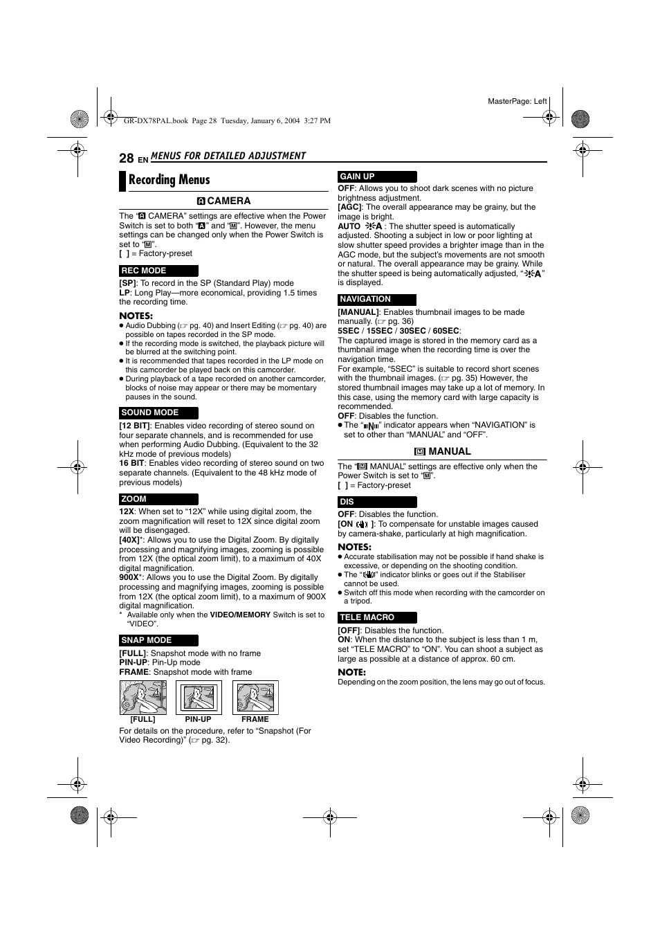 Recording menus, Pg. 28), R (੬ pg. 28) | D (੬ pg. 28) | JVC Digital Video Camera GR-DX78 User Manual | Page 28 / 52