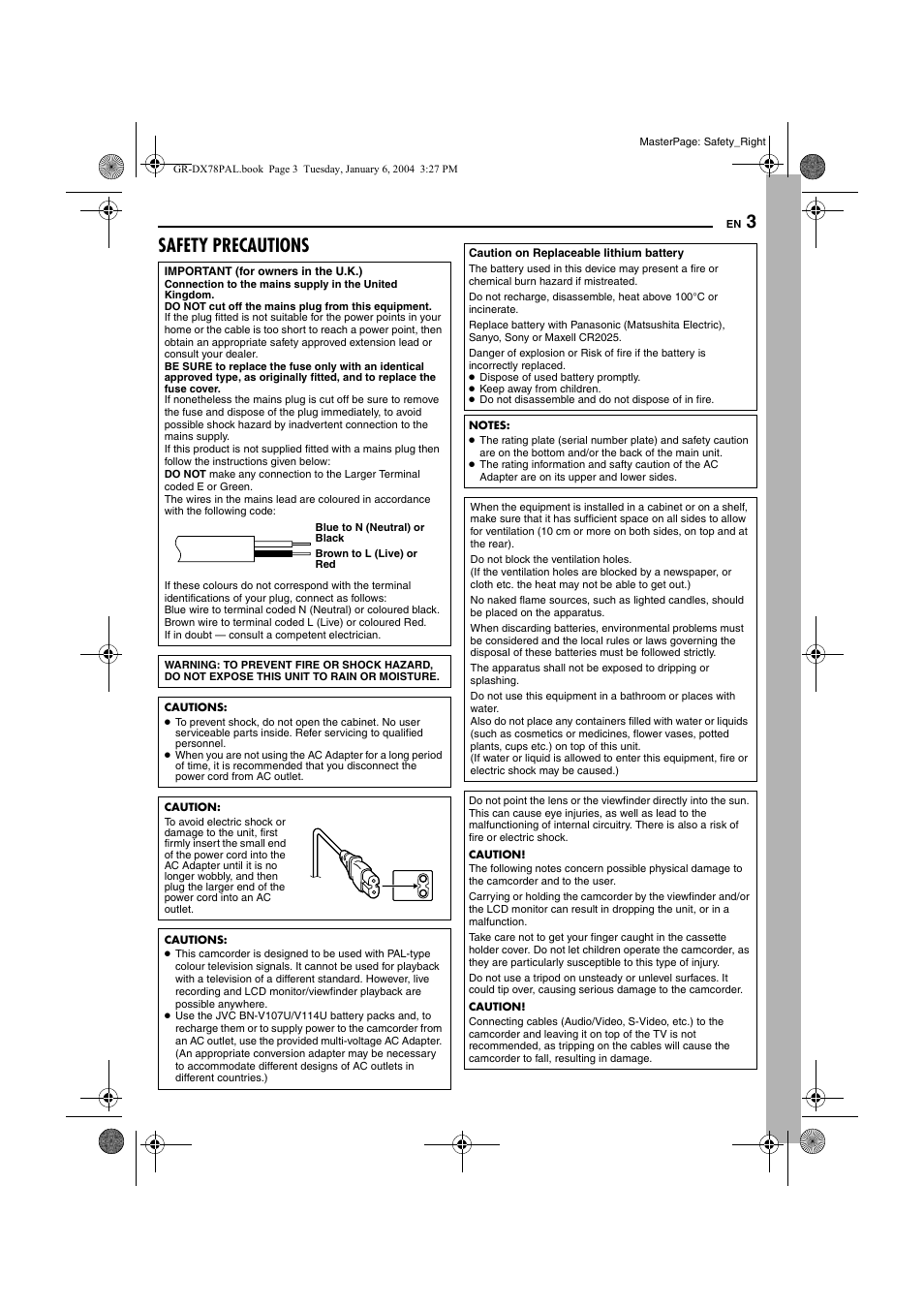 Safety precautions | JVC Digital Video Camera GR-DX78 User Manual | Page 3 / 52