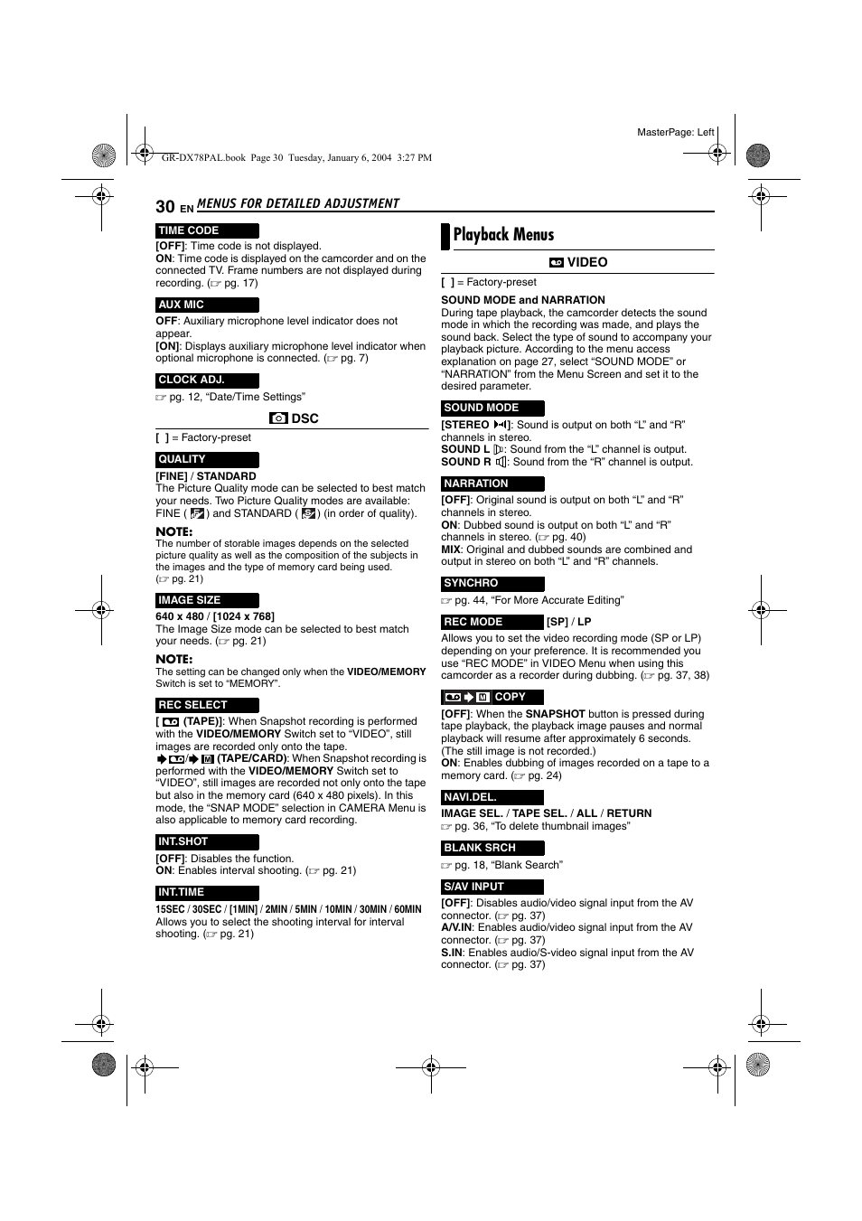 Playback menus, Pg. 30, 40), Pg. 30, “aux mic” ) | Pg. 30, Pg. 30), Pg. 30), s | JVC Digital Video Camera GR-DX78 User Manual | Page 30 / 52