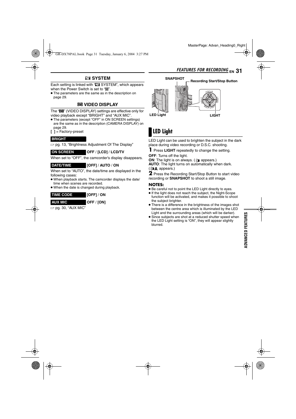 Features for recording, Led light, Pg. 31) | JVC Digital Video Camera GR-DX78 User Manual | Page 31 / 52
