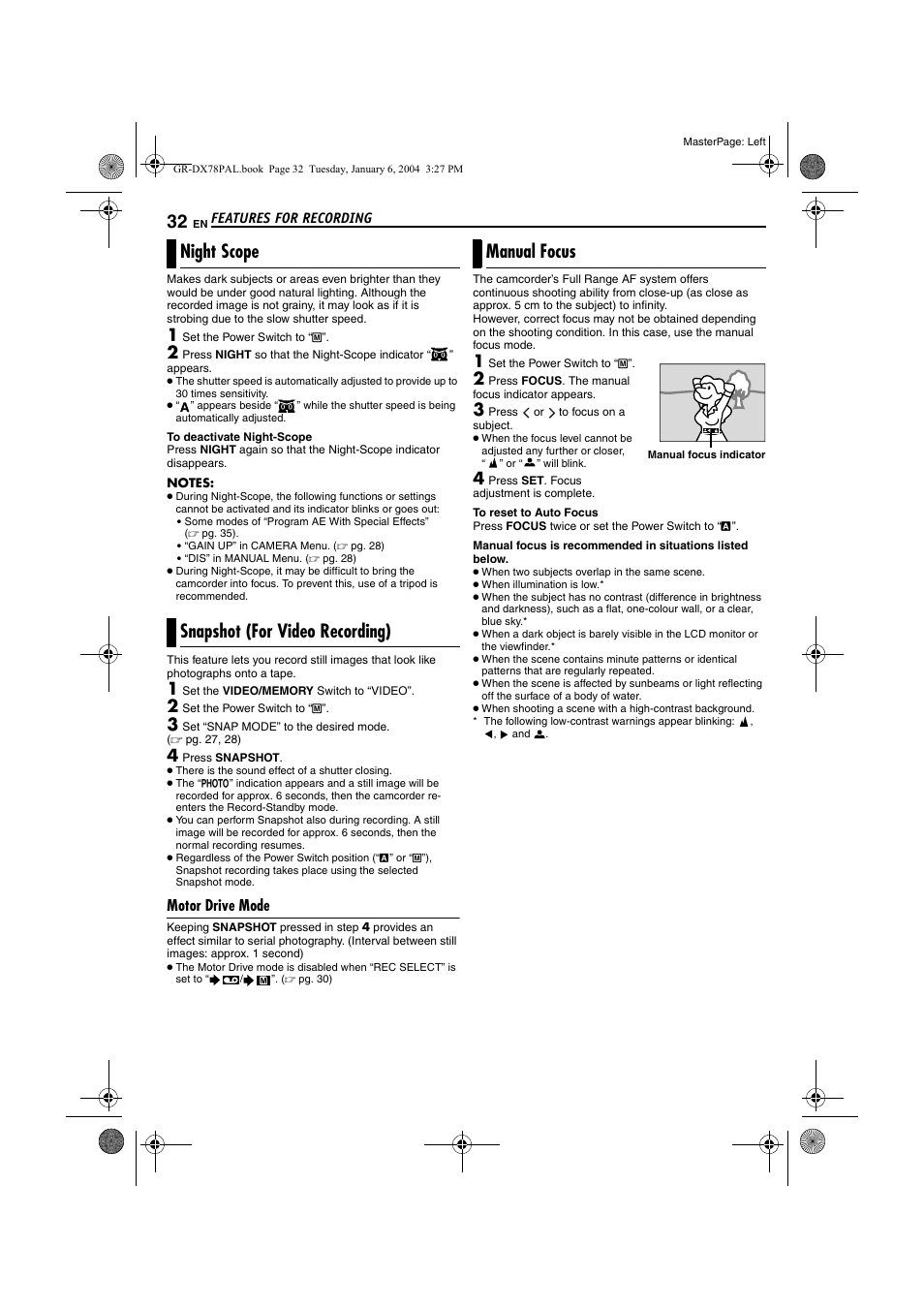 Night scope, Snapshot (for video recording), Motor drive mode | Manual focus, Snapshot (for video recording) manual focus, Ight, Pg. 32), Focus | JVC Digital Video Camera GR-DX78 User Manual | Page 32 / 52