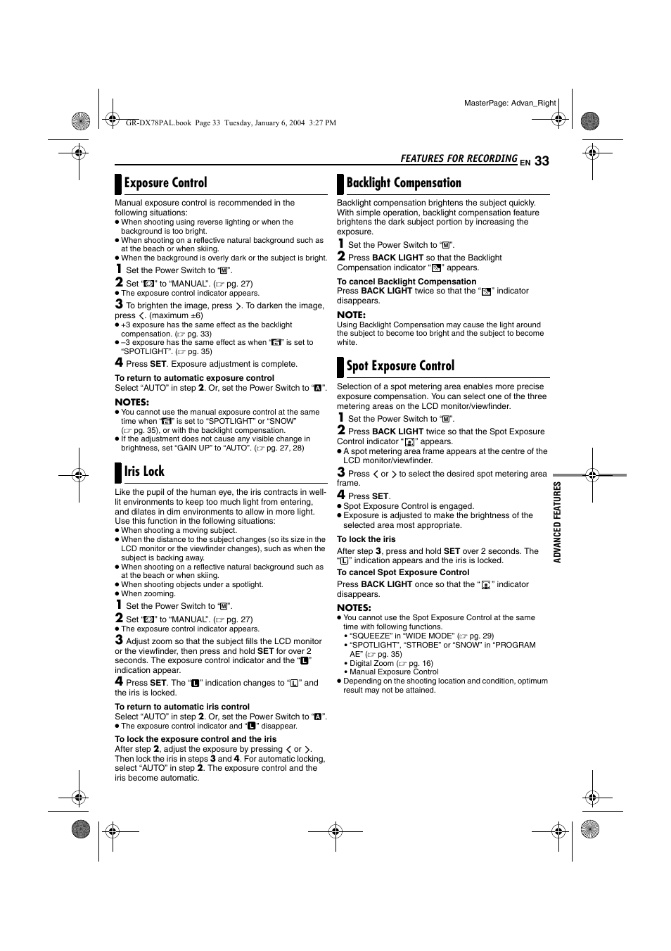 Exposure control, Iris lock, Backlight compensation | Spot exposure control, Klight, Pg. 33), Pg. 33, spot exposure control) | JVC Digital Video Camera GR-DX78 User Manual | Page 33 / 52