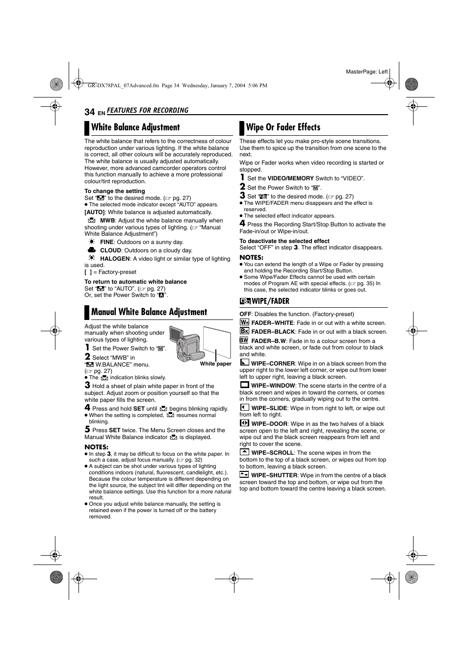 White balance adjustment, Manual white balance adjustment, Wipe or fader effects | Wipe/fader, Pg. 34), R (੬ pg. 34) | JVC Digital Video Camera GR-DX78 User Manual | Page 34 / 52