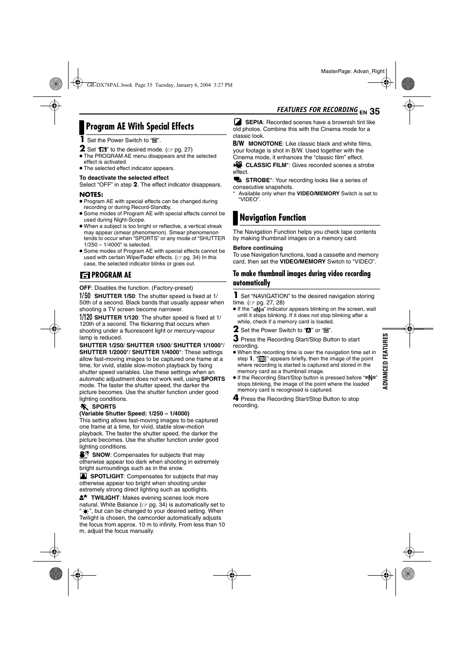 Program ae with special effects, Program ae, Navigation function | Motion, Pg. 35), Pg. 35) ho, Pg. 35) i | JVC Digital Video Camera GR-DX78 User Manual | Page 35 / 52