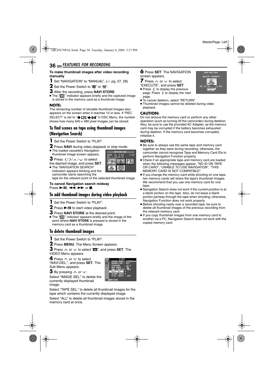 To add thumbnail images during video playback, To delete thumbnail images, Pg. 36) | R (੬ pg. 36), Pg. 36, “to delete thumbnail images, Features for recording | JVC Digital Video Camera GR-DX78 User Manual | Page 36 / 52